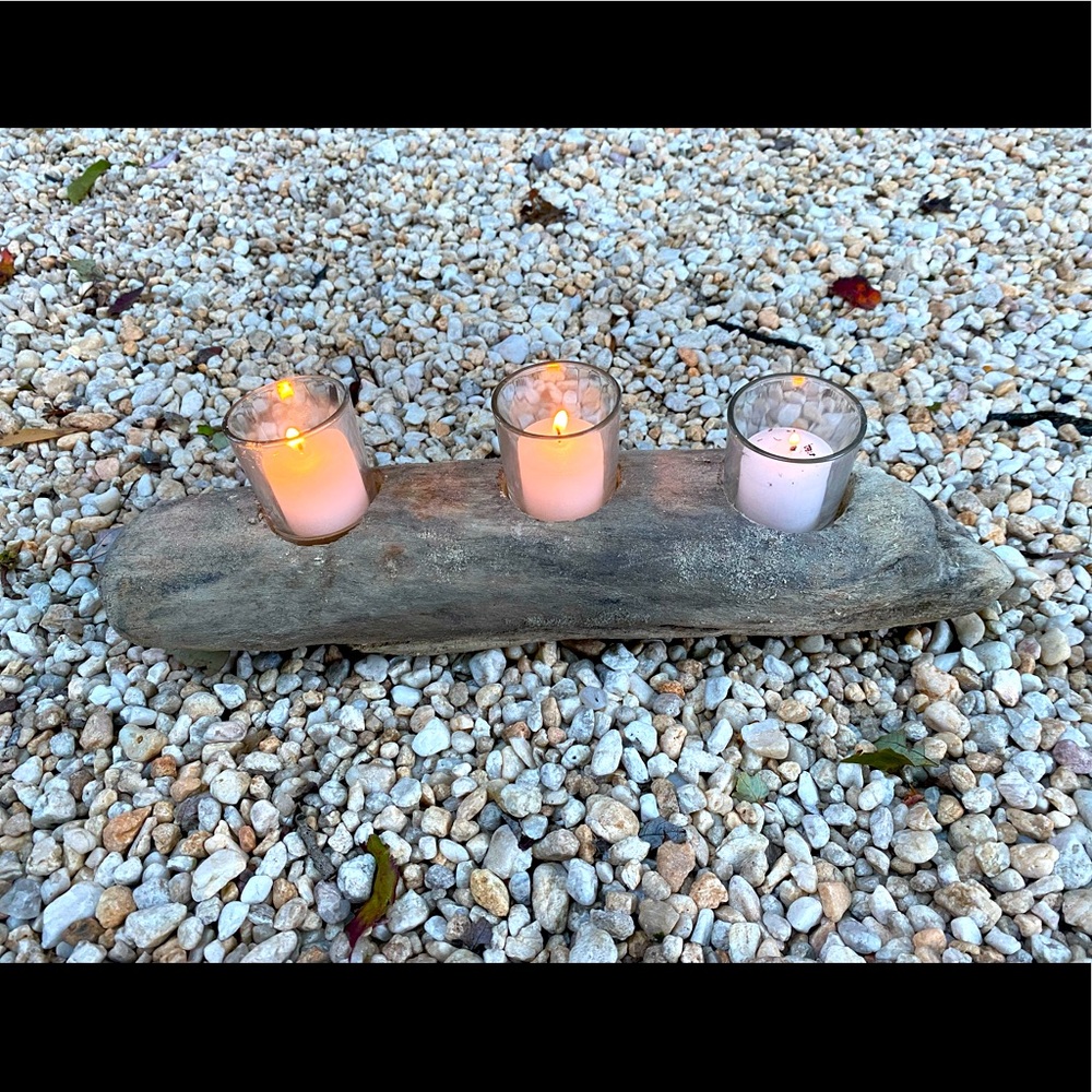 Driftwood candle holder with 3 votive candle holders and candles